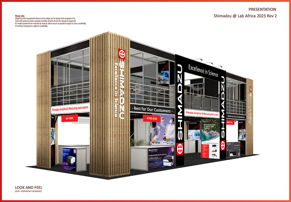 : Double Story Shimadzu analytica Lab Africa 2023 Stand Rendering of 15 x 6 sq metres